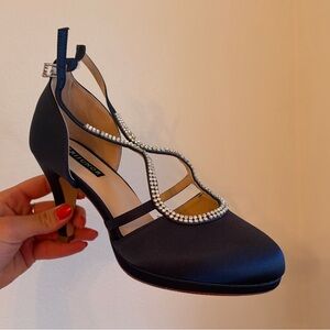 Rare Navy Rhinestone T-Strap Evening Pump